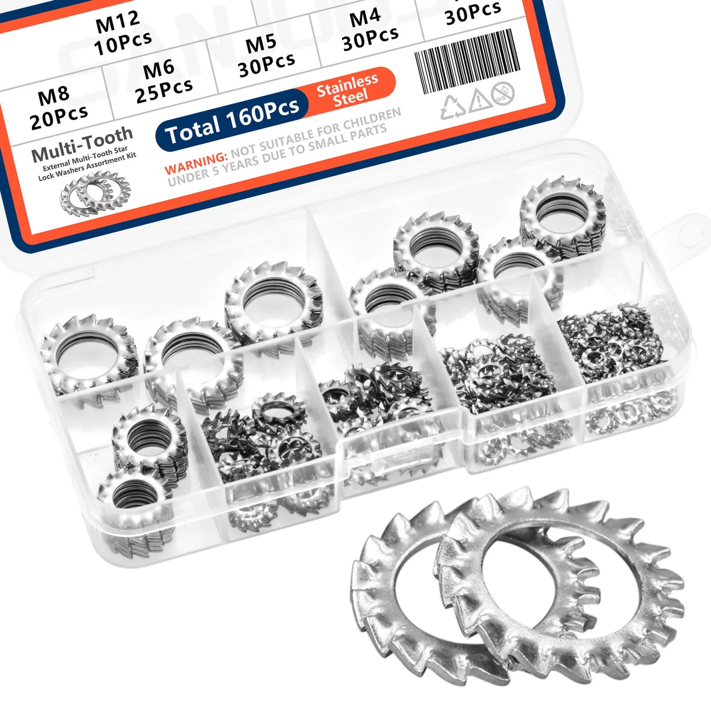 160Pcs Stainless External Multi Tooth Star Lock Washers Assortment Set Stainless Steel 7 Size M3 M4 M5 M6 M8 M10 M12