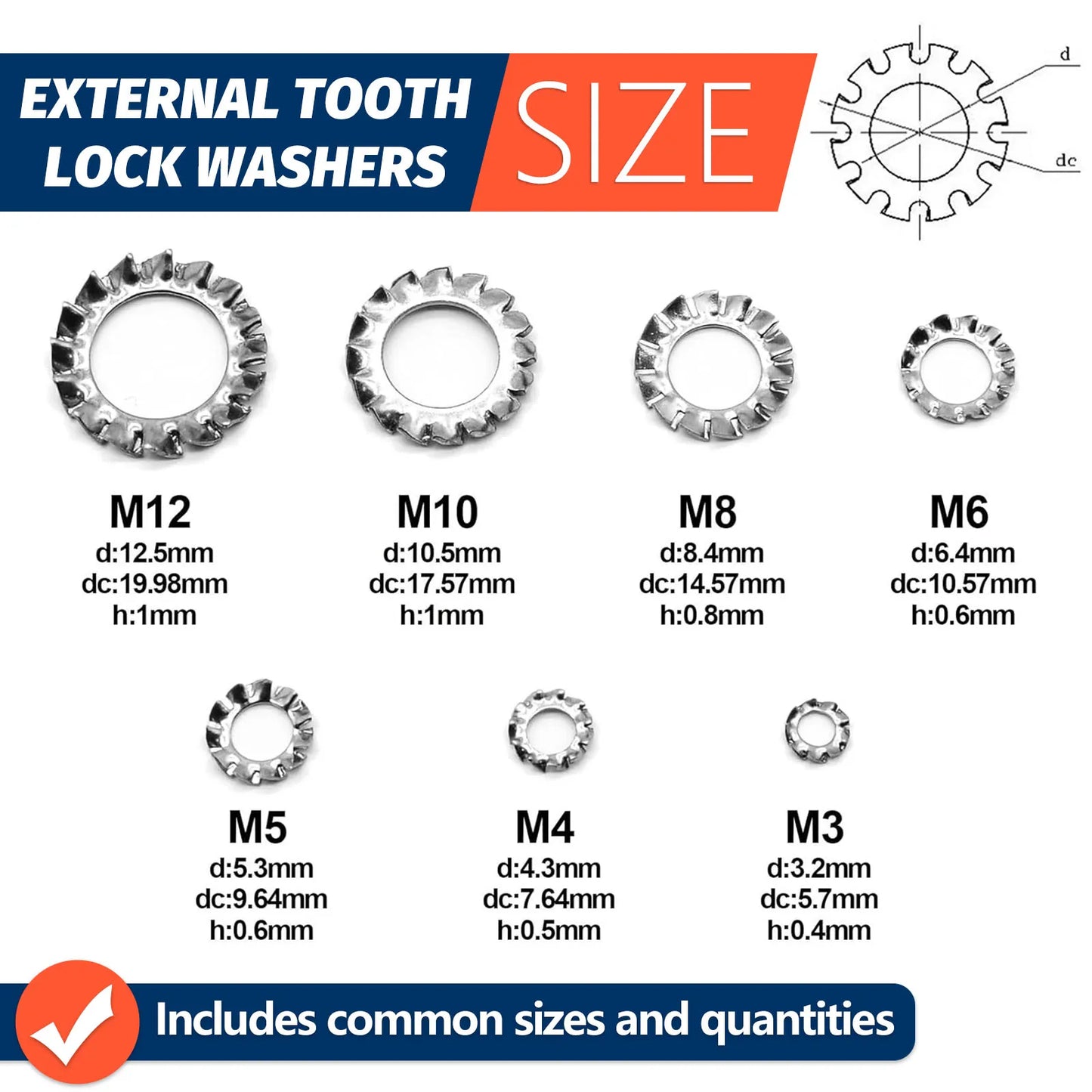 160Pcs Stainless External Multi Tooth Star Lock Washers Assortment Set Stainless Steel 7 Size M3 M4 M5 M6 M8 M10 M12