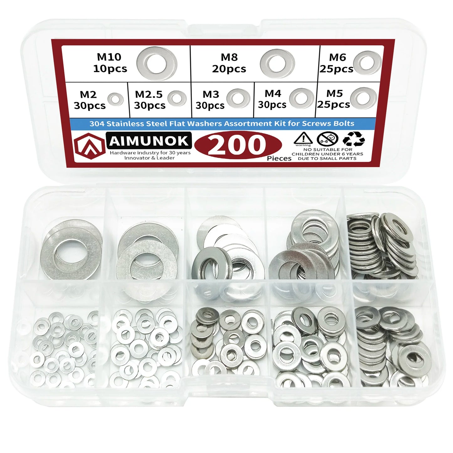 910/200pcs 304 Stainless Steel Flat Washers Assortment Kit (M2 M2.5 M3 M4 M5 M6 M8 M10 M12) Suitable for Home Decoration