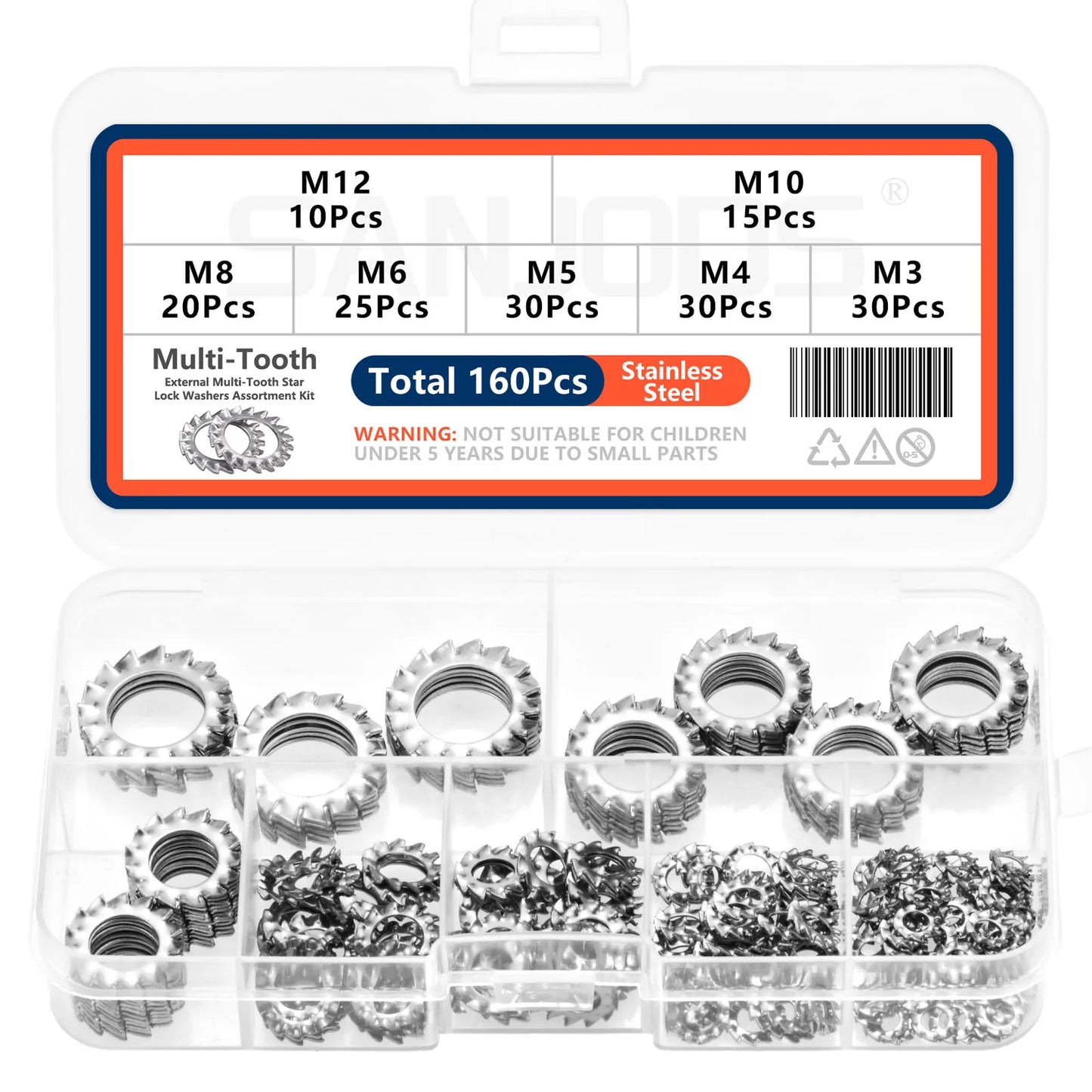 160Pcs Stainless External Multi Tooth Star Lock Washers Assortment Set Stainless Steel 7 Size M3 M4 M5 M6 M8 M10 M12