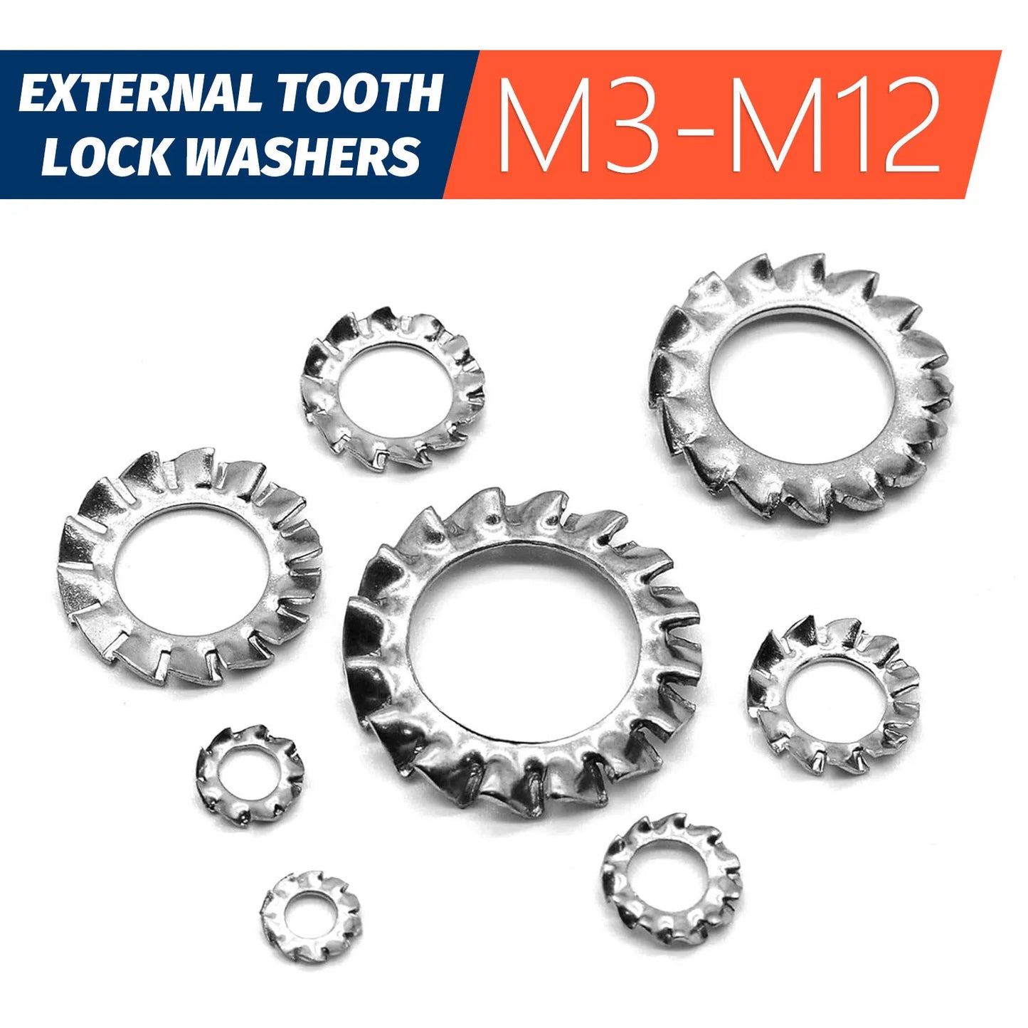 160Pcs Stainless External Multi Tooth Star Lock Washers Assortment Set Stainless Steel 7 Size M3 M4 M5 M6 M8 M10 M12