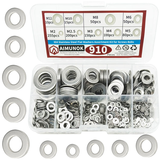 910/200pcs 304 Stainless Steel Flat Washers Assortment Kit (M2 M2.5 M3 M4 M5 M6 M8 M10 M12) Suitable for Home Decoration