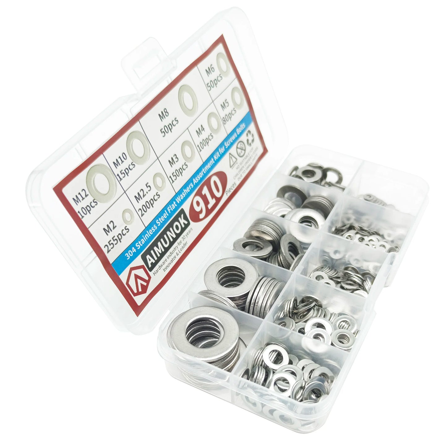 910/200pcs 304 Stainless Steel Flat Washers Assortment Kit (M2 M2.5 M3 M4 M5 M6 M8 M10 M12) Suitable for Home Decoration