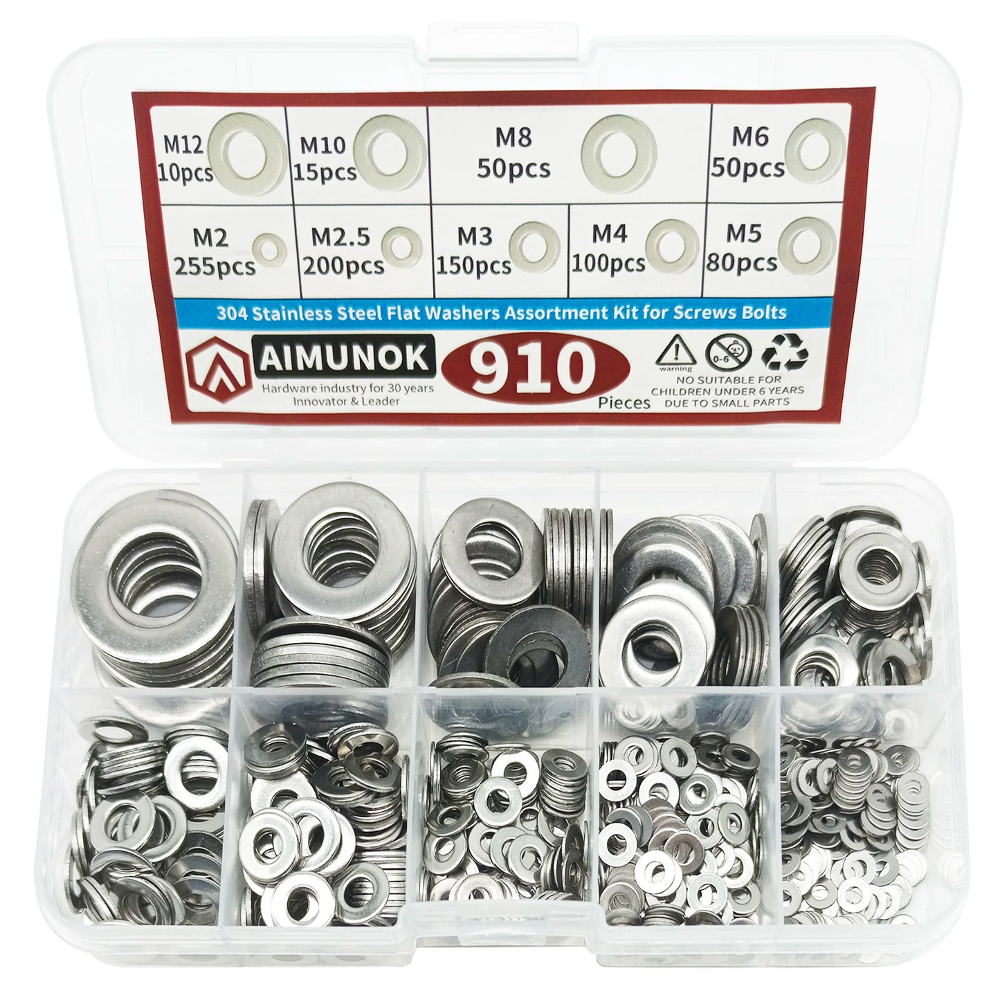 910/200pcs 304 Stainless Steel Flat Washers Assortment Kit (M2 M2.5 M3 M4 M5 M6 M8 M10 M12) Suitable for Home Decoration